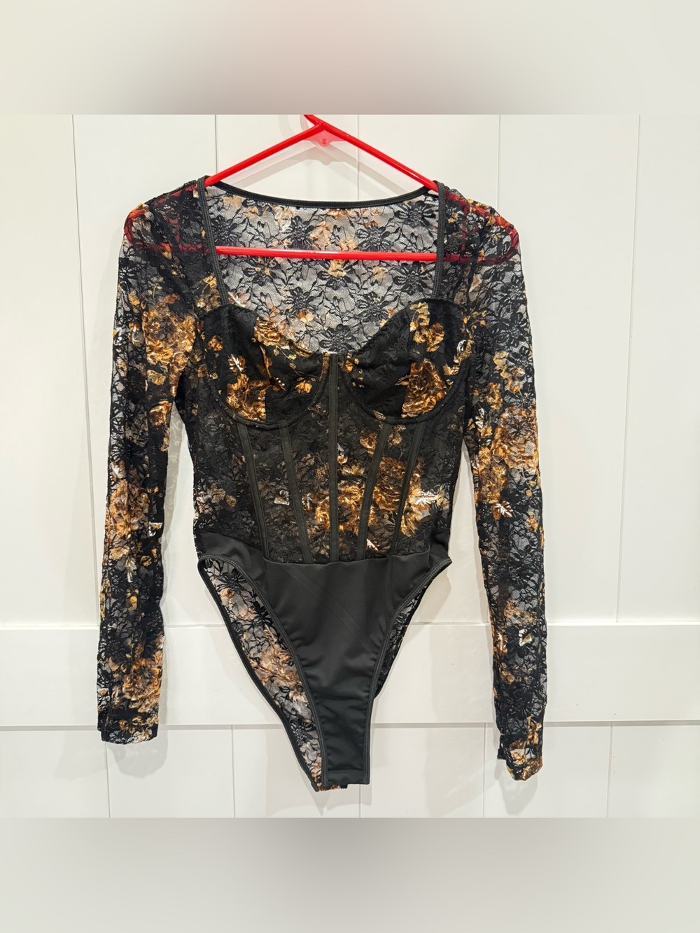 SweatyRocks Black and Brown Floral Lace Corset Style Bodysuit Size M Y2K